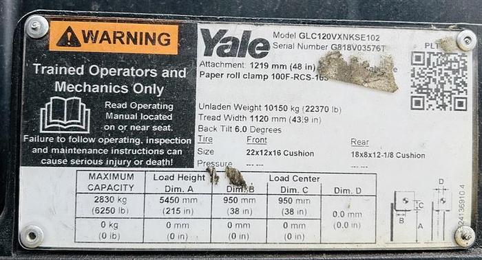 Used 12,000 POUND YALE MODEL GLC120VXPRS TRIPLE STAGE LOW MAST MANUFACTURED 2019