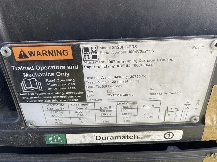 Used 12,000 POUND HYSTER S120FTPRS FORKLIFT WITH BOLZONI PAPER ROLL CLAMP TRIPLE STAGE MAST MFG. 2018 - PENDING JF