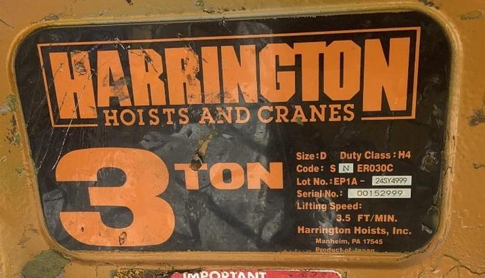 Used HARRINGTON HOISTS, INC. 3 TON CRANE