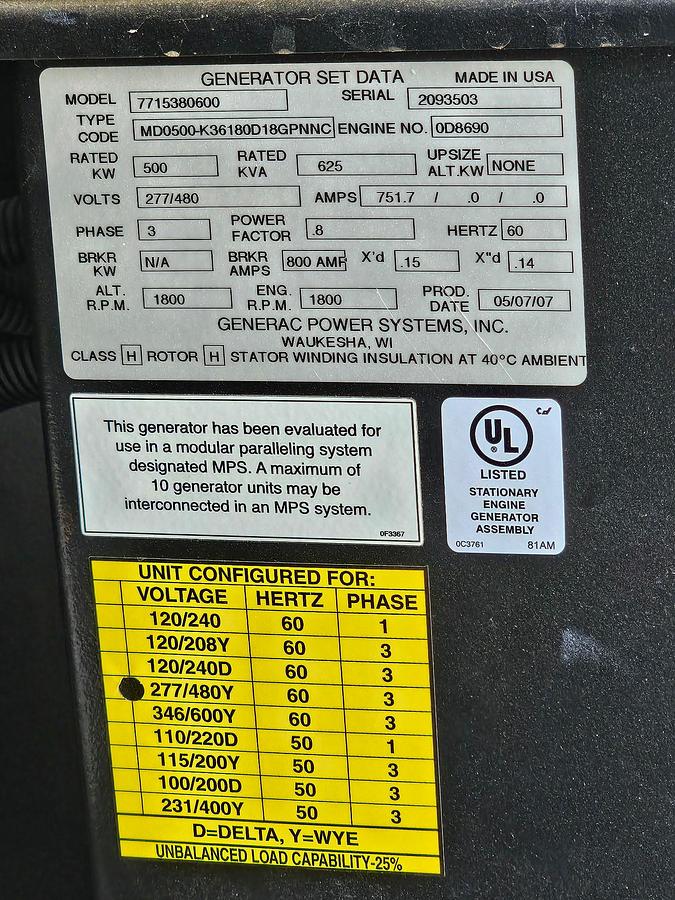 Used 500 KW GENERAC POWER SYSTEMS, INC BACK UP DIESEL GENERATOR