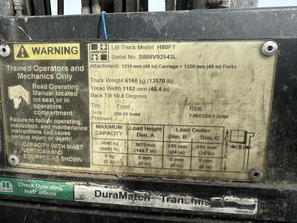 Used 8,000 POUND HYSTER MODEL H80FT FORKLIFT WITH BALE CLAMP ATTACHMENT