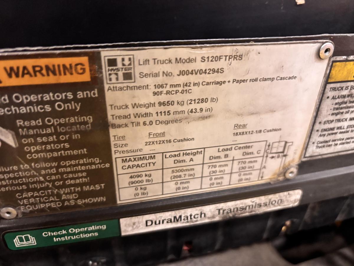 Used 12,000 POUND CAPACITY HYSTER MODEL S120FTPRS 60" CASCADE PAPER ROLL CLAMP