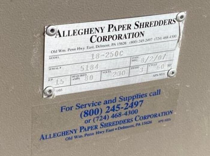 Used ALLEGHENY 18-250C HEAVY DUTY SHREDDER WITH INFEED CONVEYOR
