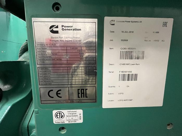 Used 1400 KW CUMMINS NATURAL GAS BACK UP GENERATOR SET QSK60 SERIES ENGINE MODEL C1400 N6C 13,800V MFG 2017 Pending JE