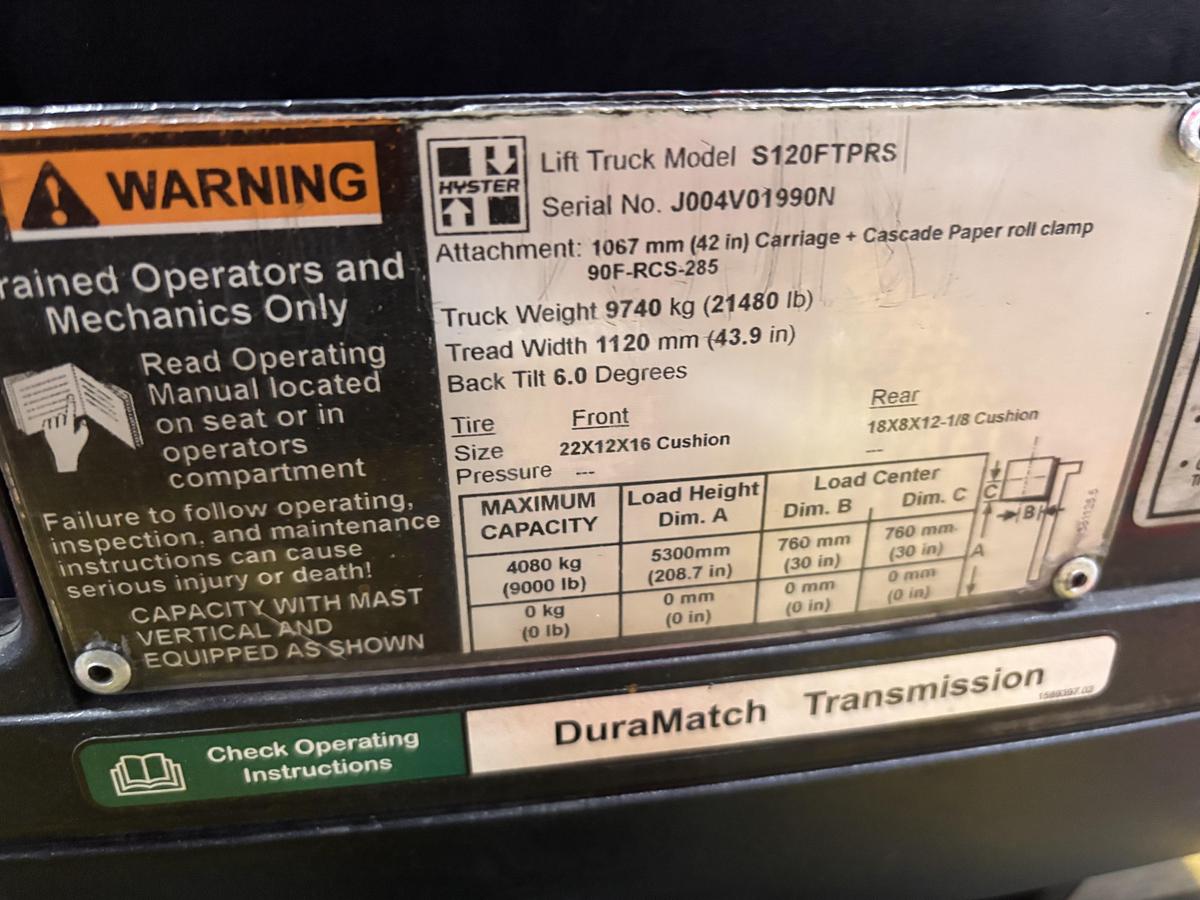 Used 12,000 POUND HYSTER S120FTPRS PAPER ROLL CLAMP FORKLIFT 60" DIAMETER CLAMP 6,500 HOURS