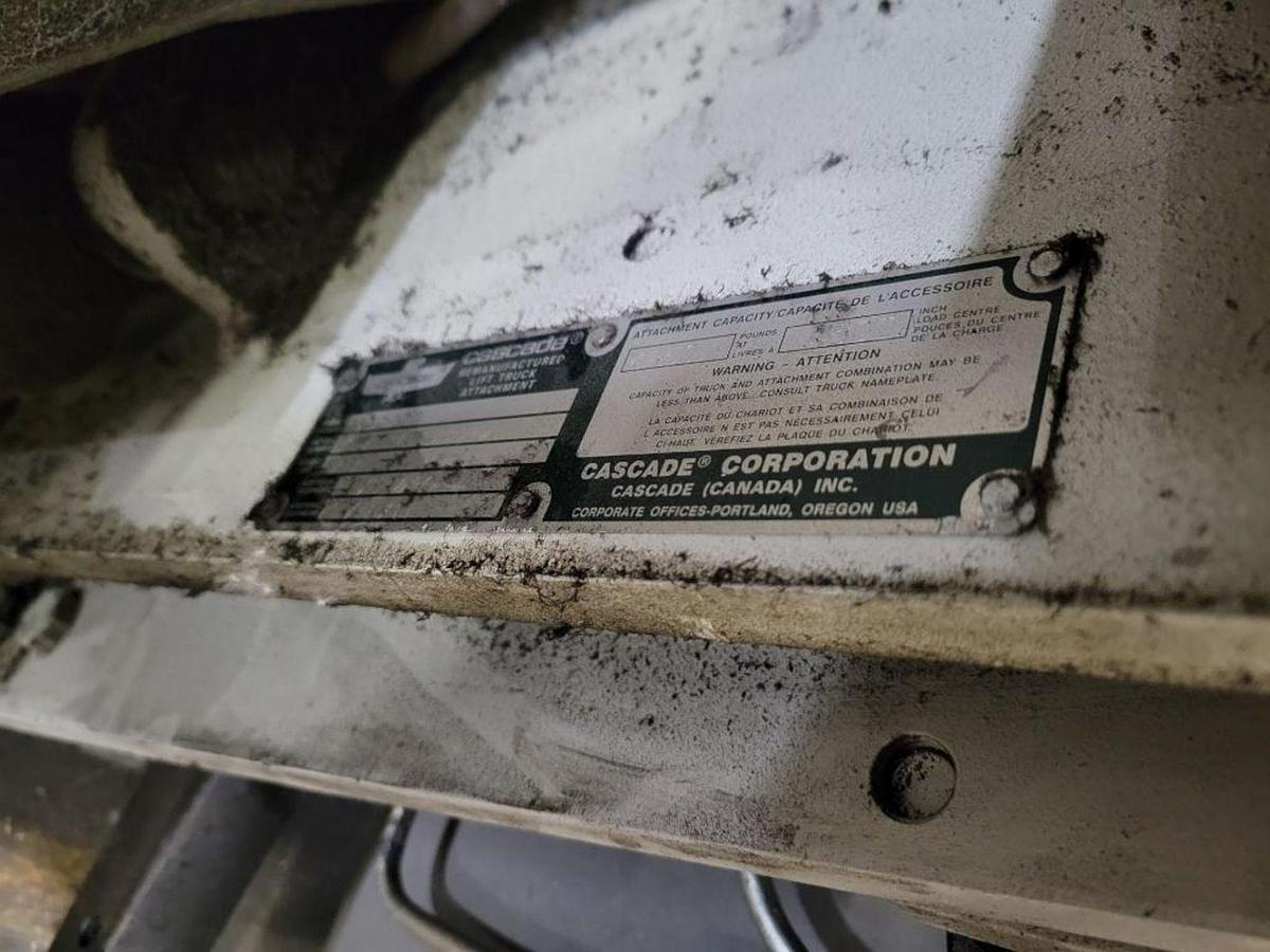 Used 6,000 LB CAPACITY ELECTRIC HYSTER FORKLIFT MODE E60XLS WITH CASCADE ROLL CLAMP AND BATTERY CHARGER