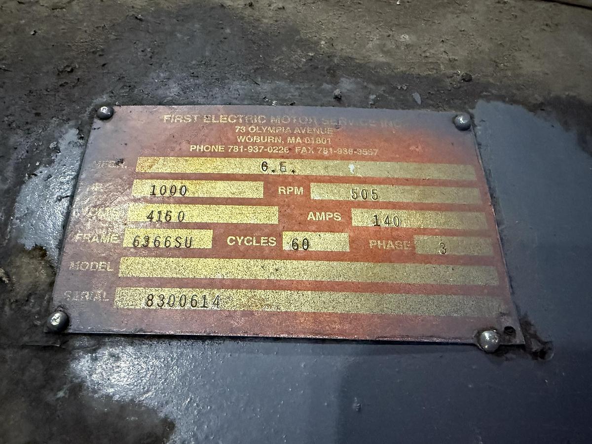 Used 1000 HP FIRST ELECTRIC MOTOR SERVICE INC REFINER MOTOR 505 RPM 4160 V