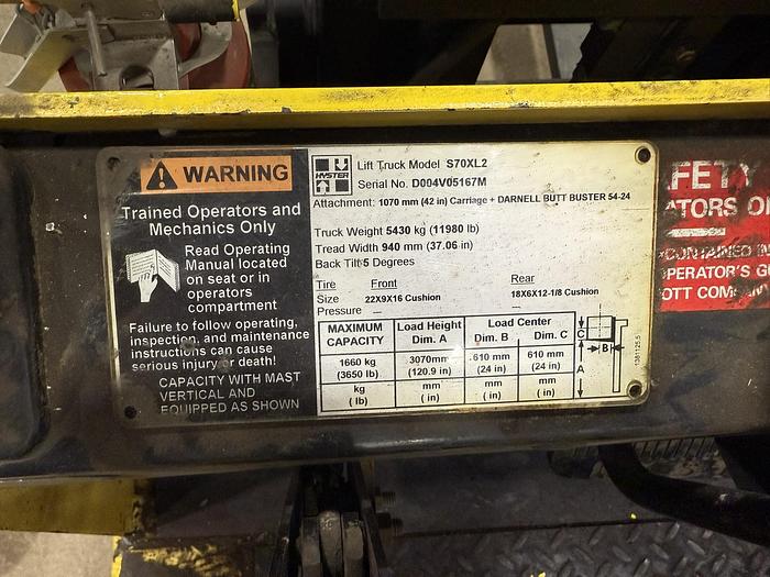 Used 7,000 POUND HYSTER S70XL2 PROPANE FORKLIFT LPG 2 STAGE