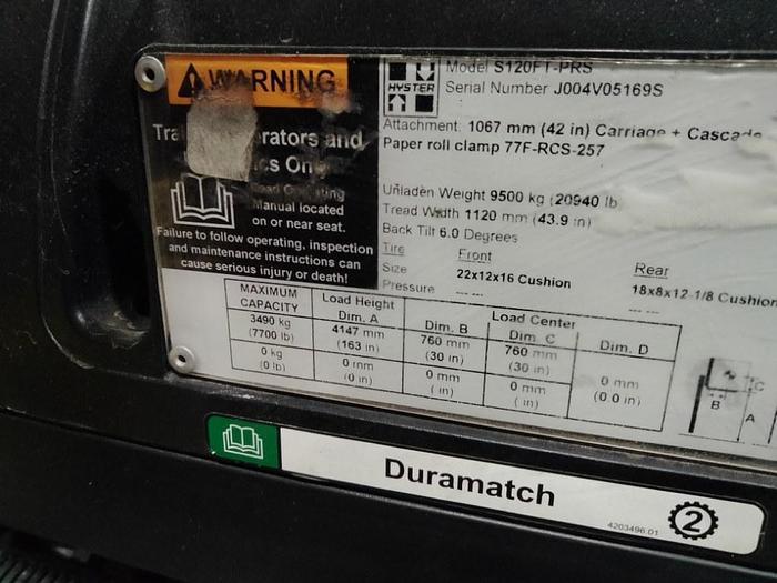 Used 12,000 POUND HYSTER S120FTPRS PAPER ROLL CLAMP TRUCK-PENDING AUC