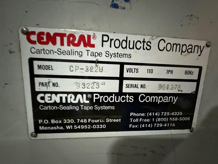Used CENTRAL CP-322U CASE TAPER CARTON SEALER SYSTEM