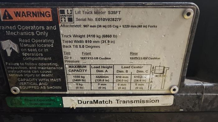 Used 3,500 POUND HYSTER S35FT FORKLIFT WITH SIDE SHIFT - ON HOLD IU