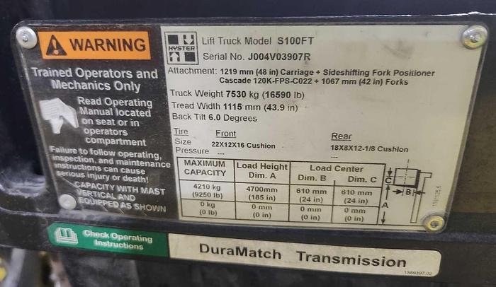 Used HYSTER S100FT 10000LB FORKLIFT WITH SIDESHIFT AND FORK POSITIONER MFG 2017