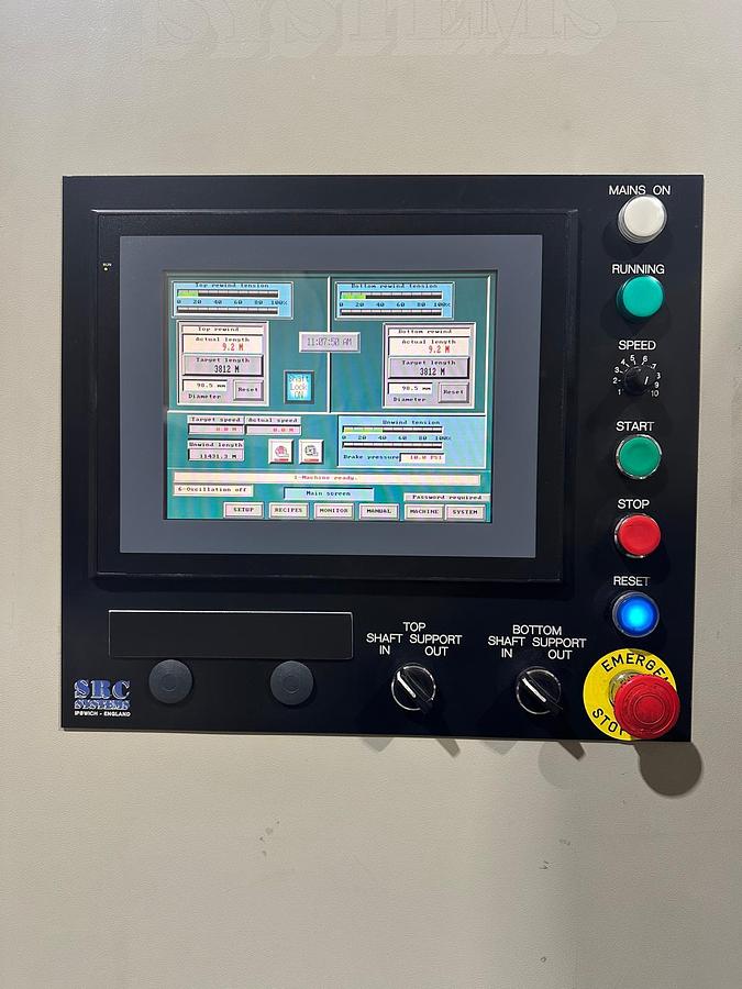 Used 63" WIDE SRC SYSTEMS LTD. MODEL 365 DUPLEX SLITTER REWINDER - OEM REFURBISHED & RUNNING