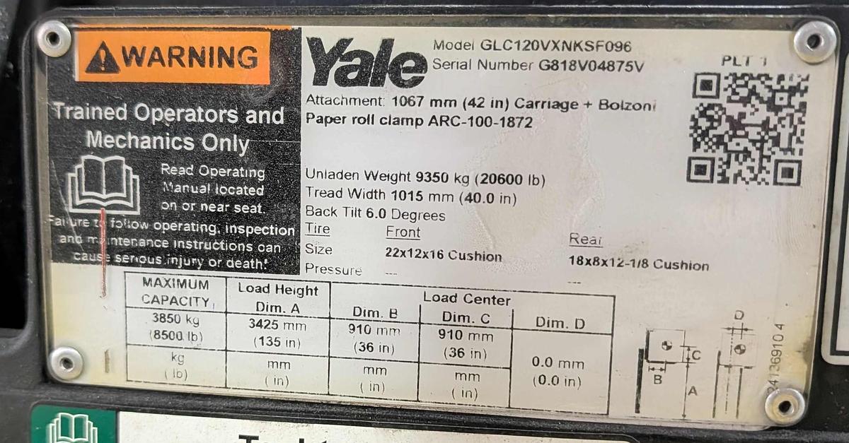 Used 12,000 POUND YALE GC120VXPRS FORKLIFT WITH 72" BOLZONI CLAMP