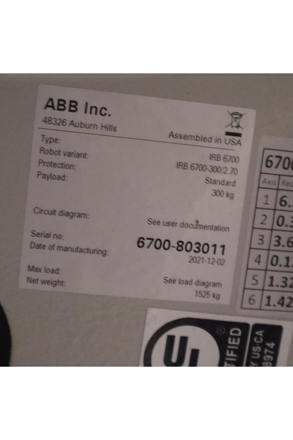 ABB MODEL IRB 6700-300/2.70 ROBOT 6-AXIS MANUFACTURED 2021 (8 AVAILABLE)
