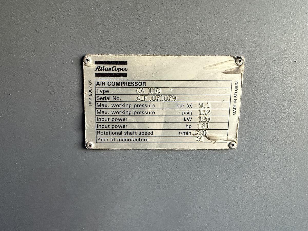Used 161 HP ATLAS COPCO AIR COMPRESSOR MODEL GA110