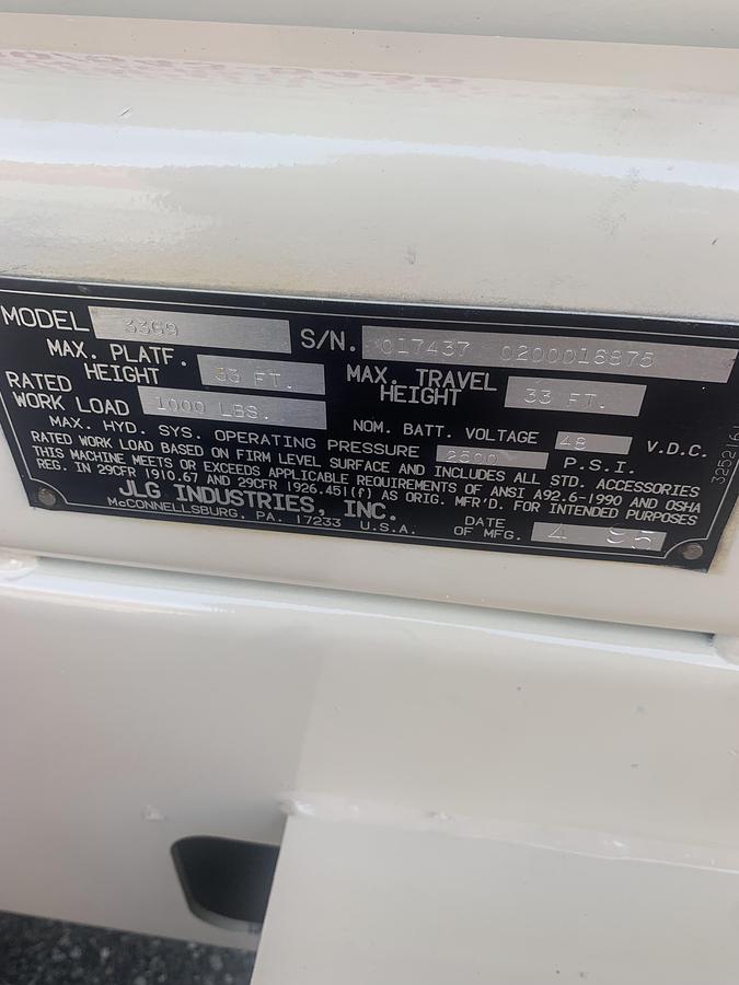 Used JLG MODEL 3369E SCISSOR LIFT ROUGH TERRAIN 33' MAX HEIGHT INTERNAL 48V ELECTRIC BATTERY