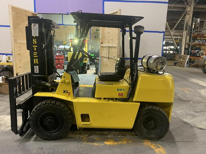Used 8,000 POUND CAPACITY HYSTER MODEL H80XL PNEUMATIC TIRE TRIPLE STAGE FORKLIFT WITH SIDESHIFT