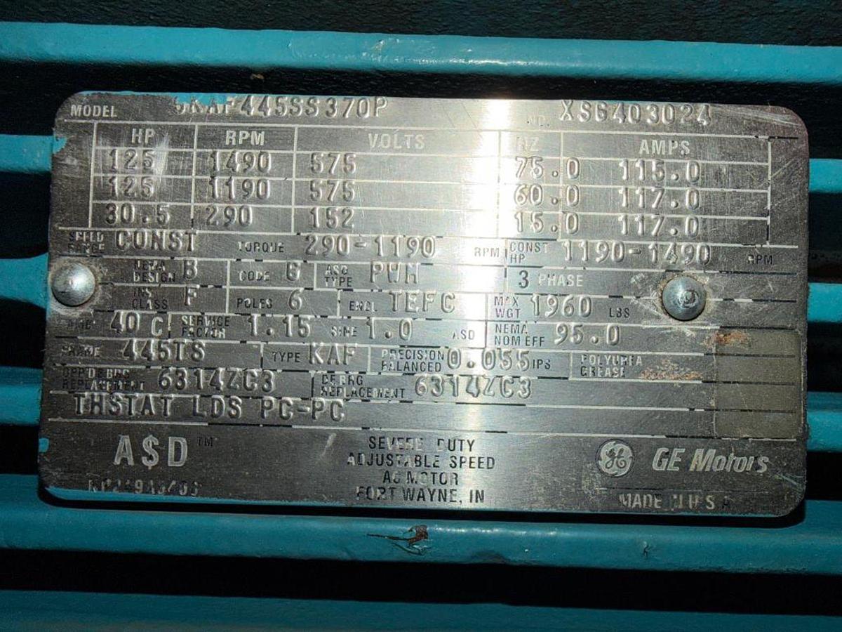 Used 125HP GE MOTOR AC MOTOR FRAME 445TS OVERHAUL/REWIND 2015