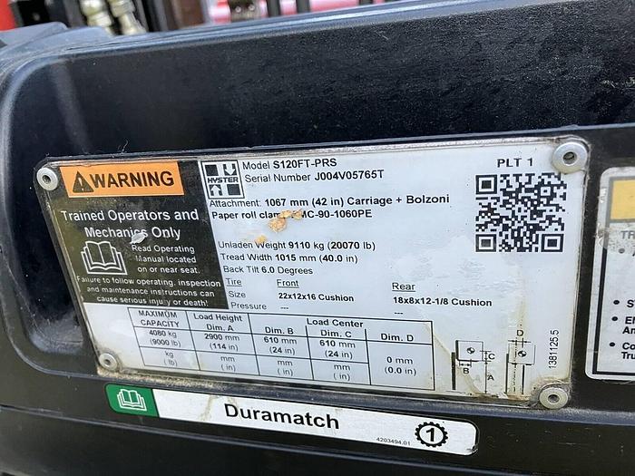 Used 2019 HYSTER S120FTPRS 12,000 POUND CAPACITY FORKLIFT WITH FORKS