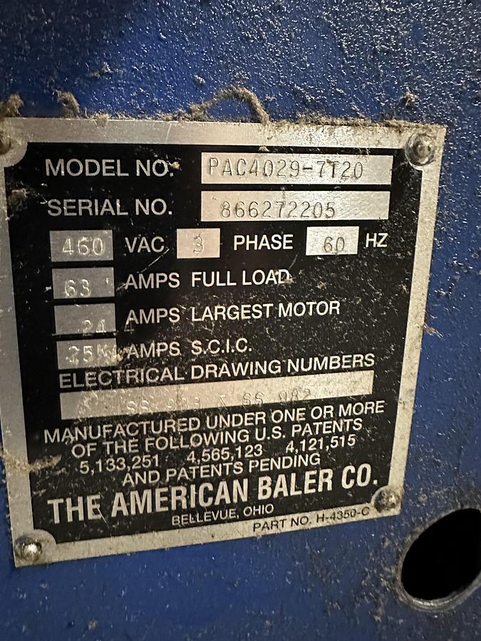 Used AMERICAN HORIZONTAL AUTO TIE BALER MODEL PAC4029-7T20 7" CYLINDER 20HP