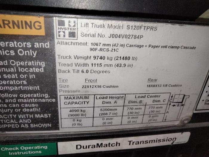 Used 12,000 POUND HYSTER S120FTPRS FORKLIFT PAPER ROLL CLAMP TRUCK TRIPLE STAGE 100/208 MFG. 2016- SOLD