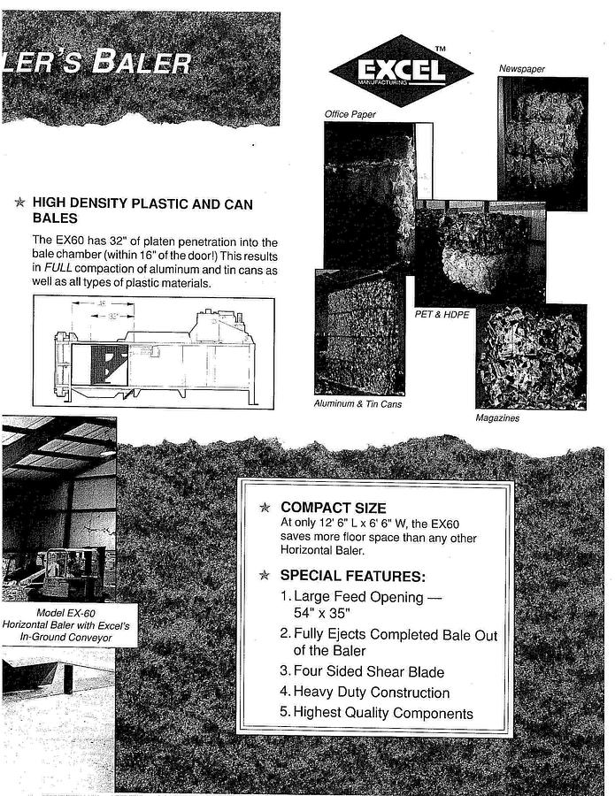 Used EXCEL EX-60 CLOSED DOOR DUAL 6" CYLINDER HORIZONTAL BALER