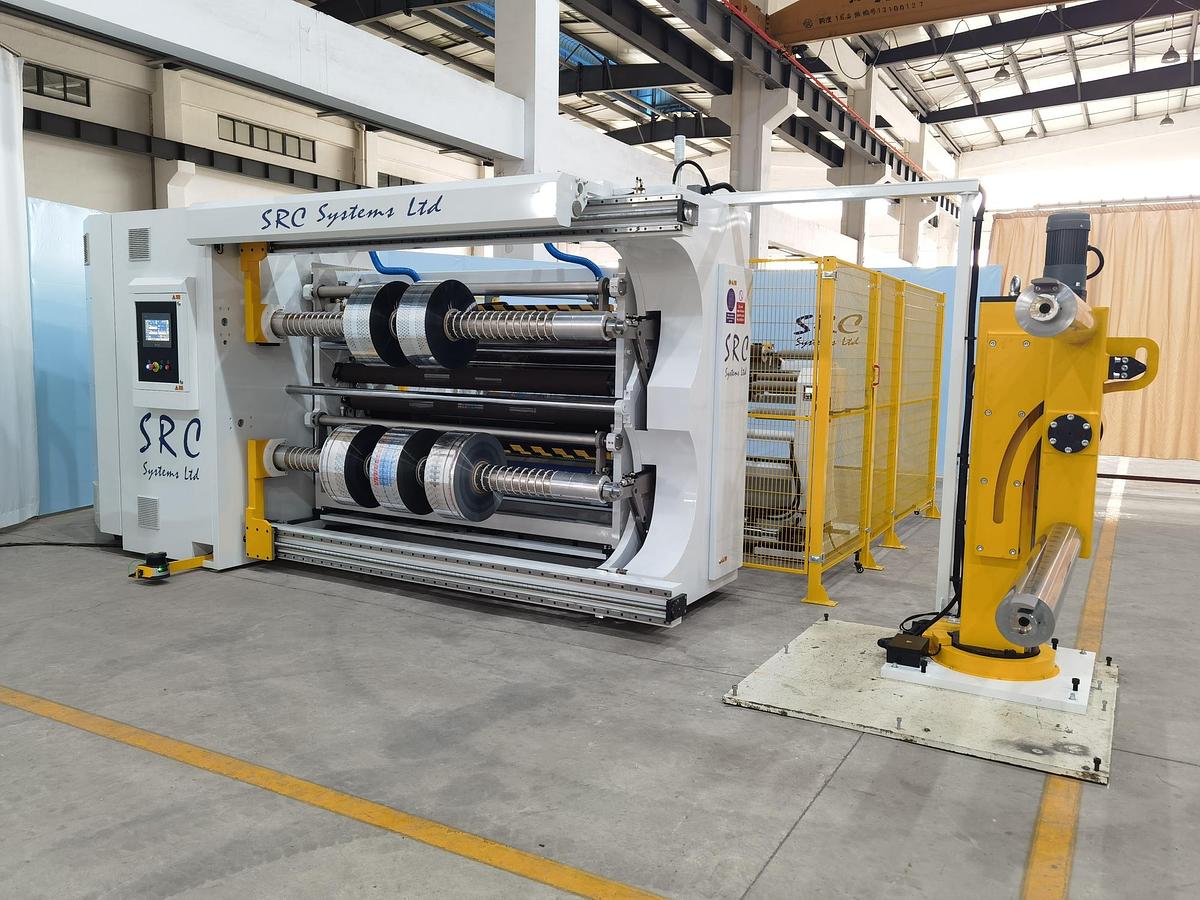 Used 82" WIDE NEW SRC SYSTEMS LTD. MODEL 810-LS DUPLEX SLITTER - 32" REWIND DIAMETER