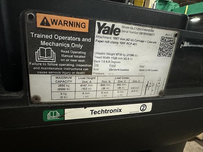 Used 12,000 POUND YALE FORKLIFT MODEL GLC120VXPRS TRIPLE STAGE LOW MAST MANUFACTURED 2019 W/ 72" CLAMP