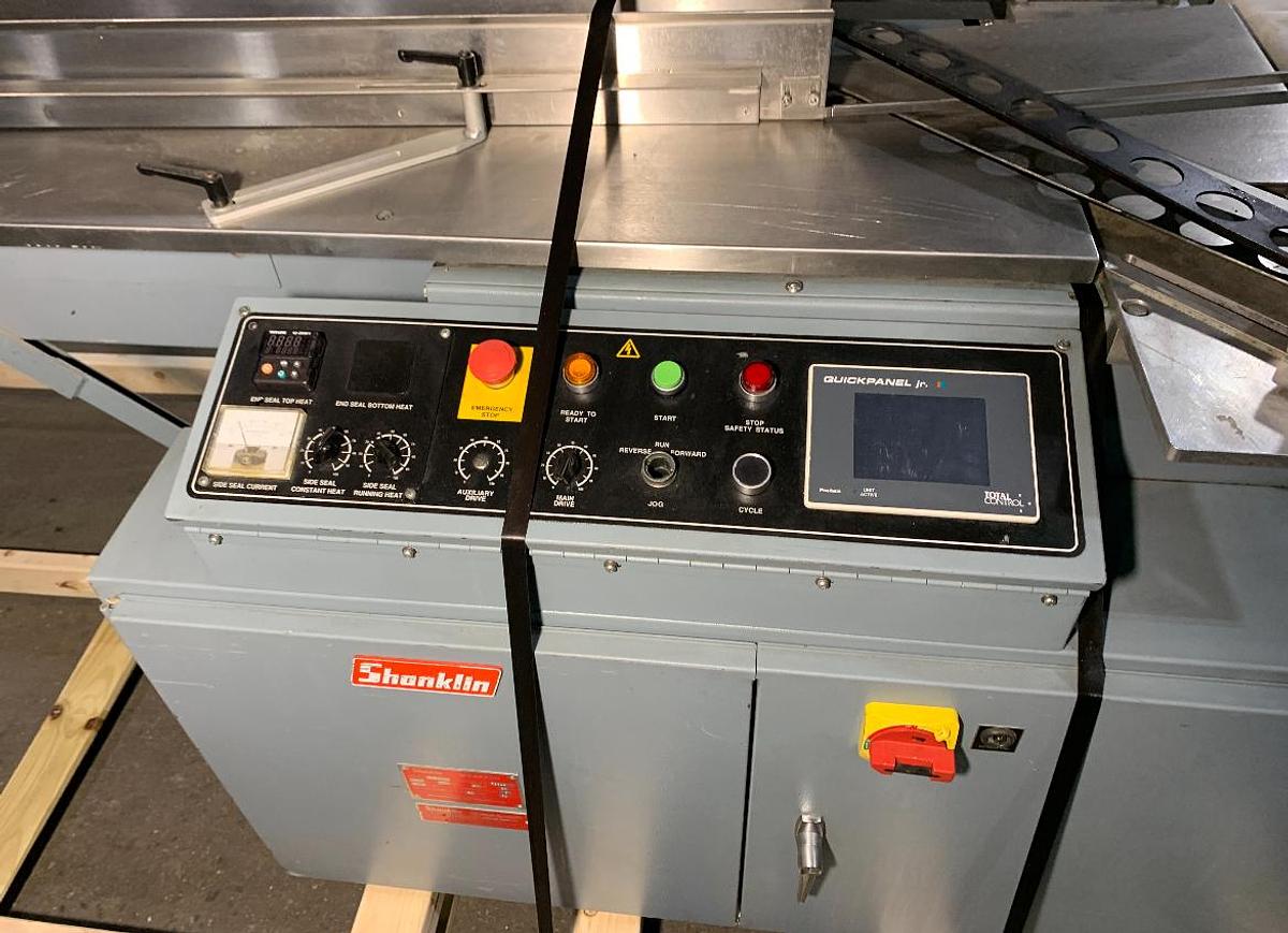 Used SHANKLIN F-5A AUTOMATI SIDE SEAL SHRINK SYSTEM WITH SHANKLIN T-7XL SHRINK TUNNEL