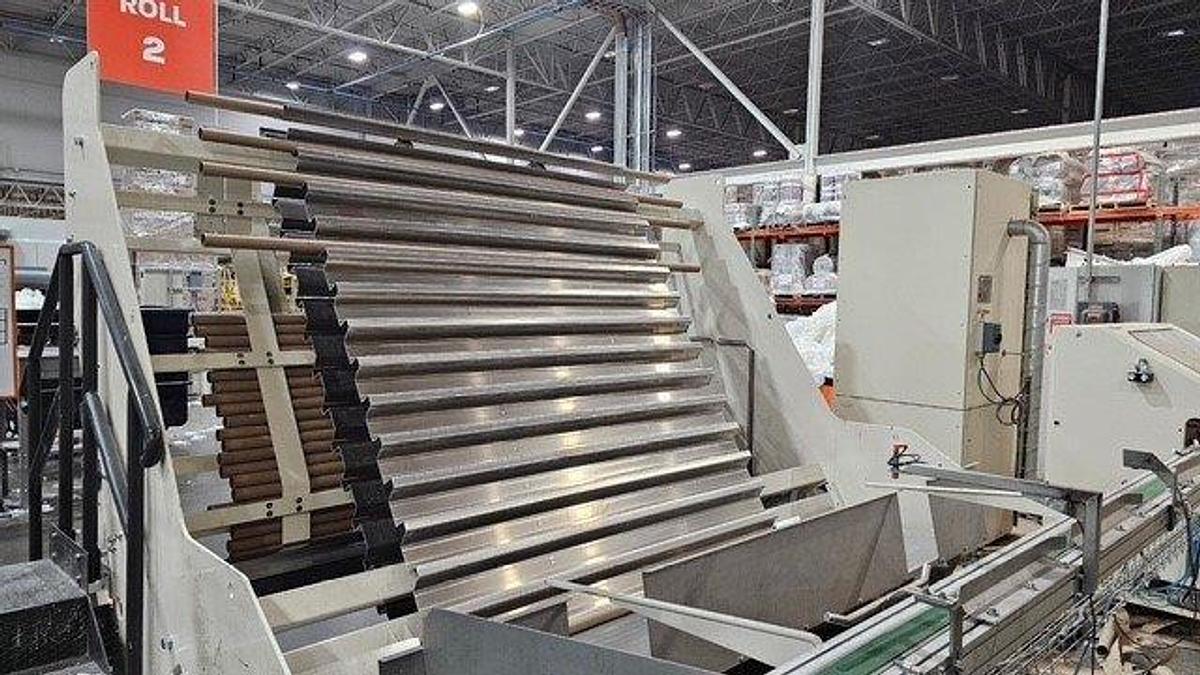 Used 108" WIDE UNIVERSAL TISSUE TECHNOLOGY BRT/KRT REWINDING LINE W/4 LANE LOG SAW