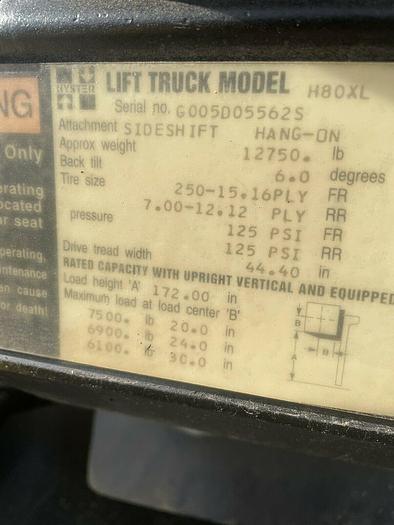 Used 8,000 POUND CAPACITY HYSTER MODEL H80XL PNEUMATIC TIRE TRIPLE STAGE FORKLIFT WITH SIDESHIFT