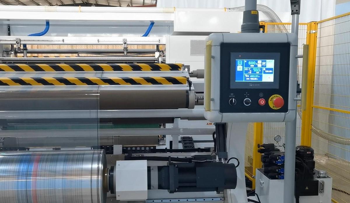 Used 82" WIDE NEW SRC SYSTEMS LTD. MODEL 810-LS DUPLEX SLITTER - 32" REWIND DIAMETER