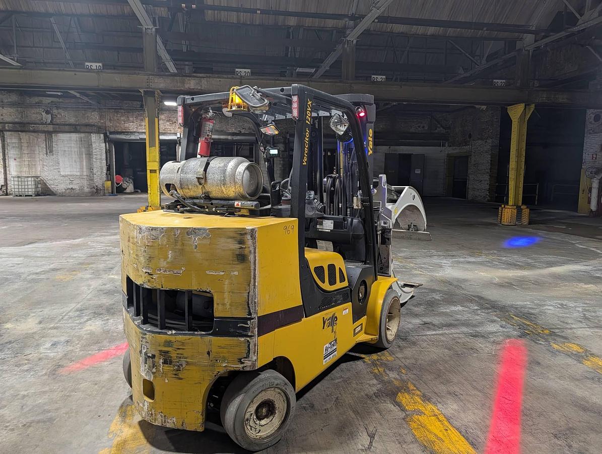 Used 12,000 POUND YALE GLC120VX (Paper Roll Special) PAPER ROLL CLAMP TRUCK WITH 84" CASCADE CLAMP