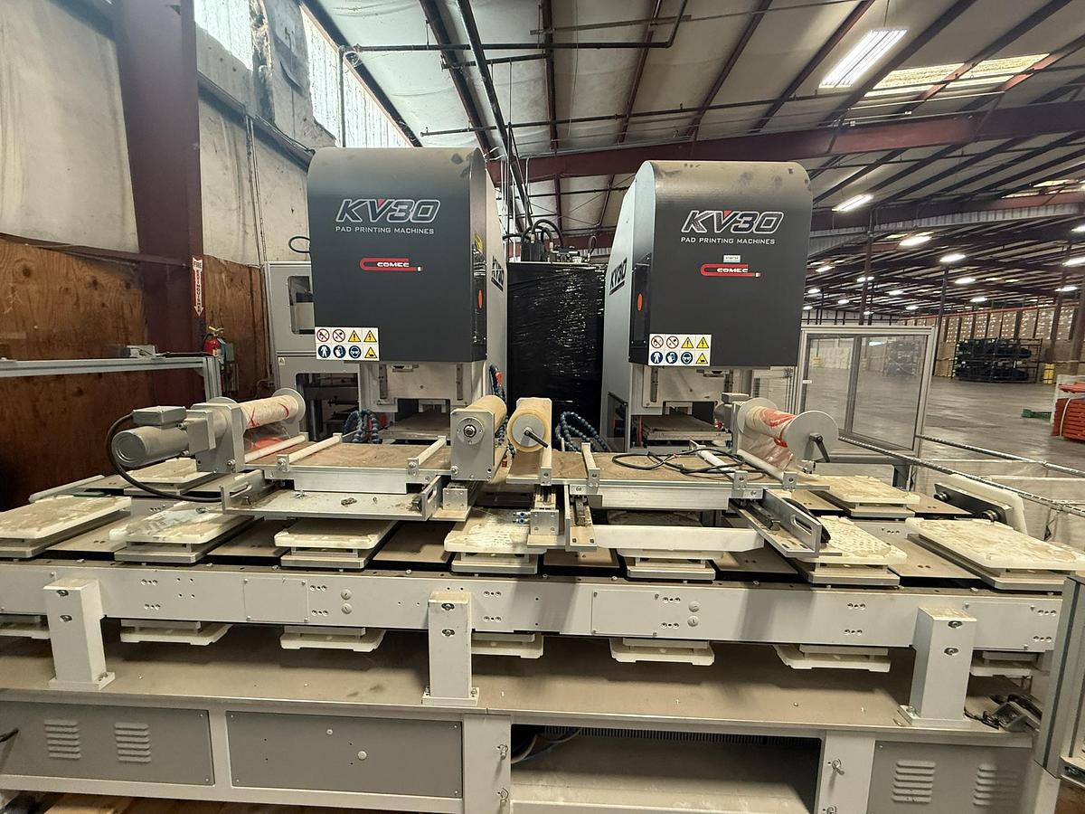 COMEC ITALIA MODEL KV-30 TWO COLOR DUAL HEAD PAD PRINTING LINE MANUFACTURED 2019