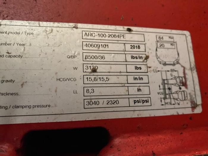 Used 84" BOLZONI AURAMO MODEL ARC-100-2084PE PAPER ROLL CLAMP MANUFACTURED 2018