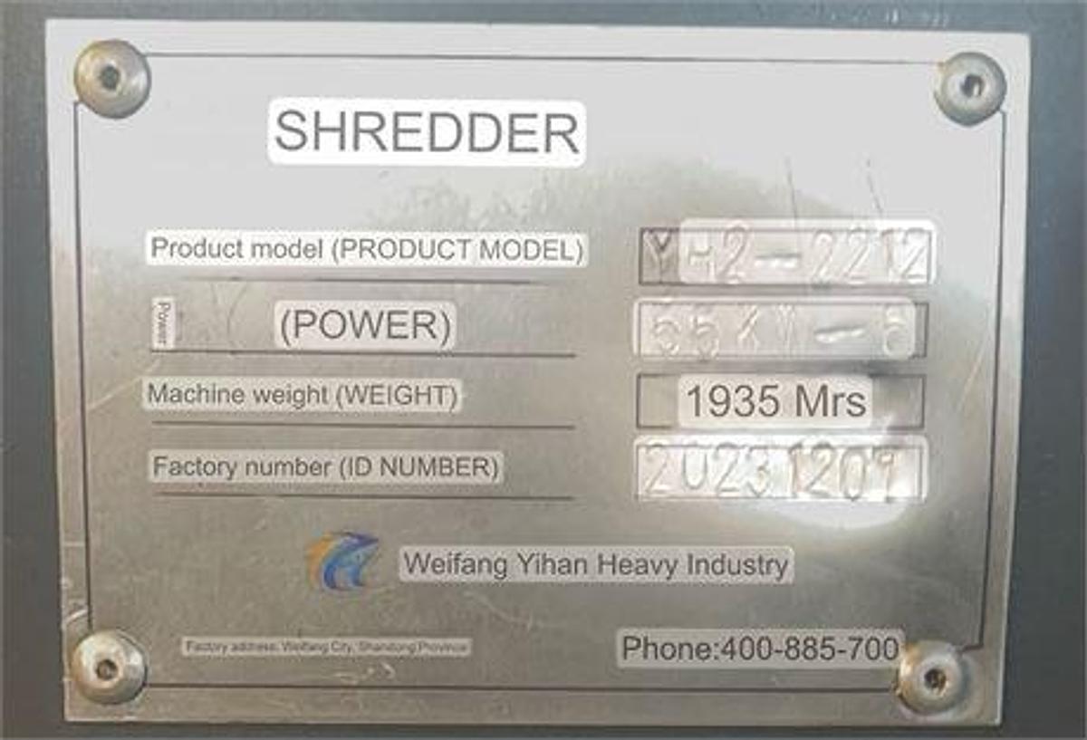 Used 2023 WEIFANG YIHAN HEAVEY INDUSTRY YM2-2212 DUAL SHAFT HOOK SHEAR SHREDDER