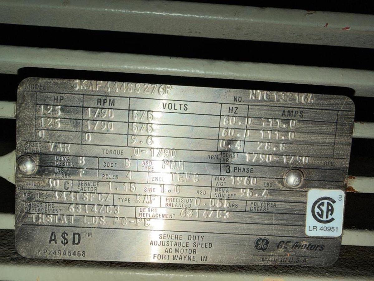 Used 125HP GE MOTORS AC MOTOR FRAME 444TSFCZ