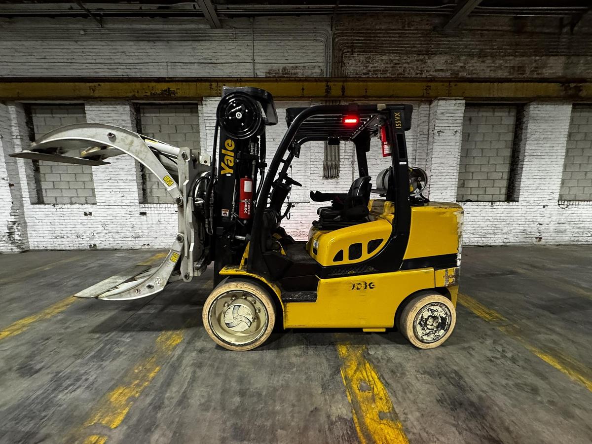 Used 15,500 POUND YALE MODEL GLC155VX FORKLIFT WITH 72" CASCADE PAPER ROLL CLAMP LOW HOURS