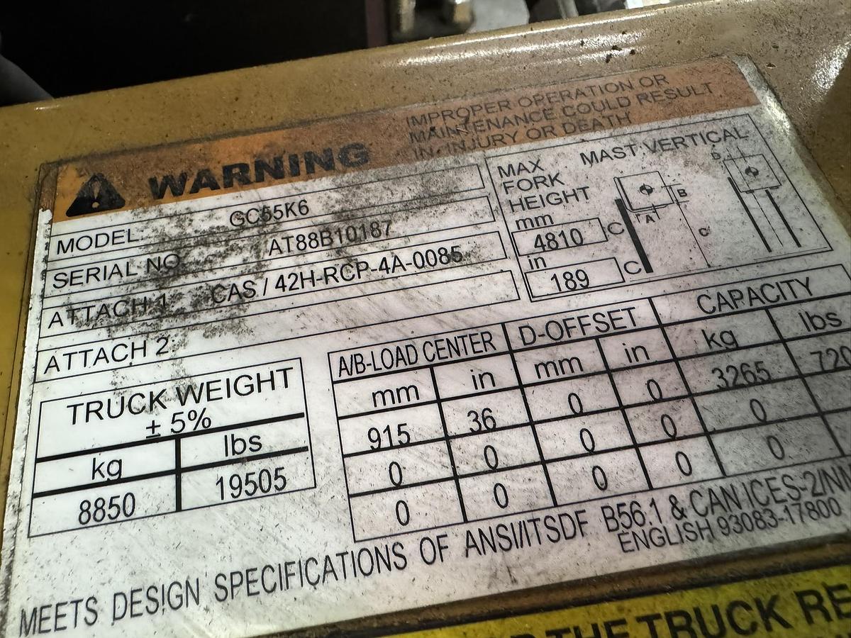 Used CATERPILLAR ROLL CLAMP TRUCK MODEL GC55K6 WITH CASCADE CLAMP