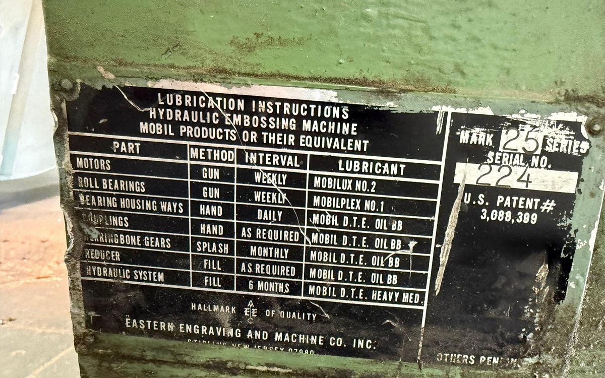 Used 47" WIDE EASTERN ENGRAVING AND MACHINE CO. INC. HYDRAULIC EMBOSSING MACHINE REBUILT 2010