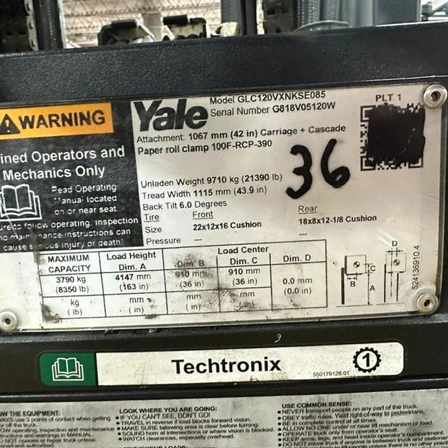 Used 12,000 POUND LB. YALE MODEL GLC120VX WITH 72" CASCADE CLAMP 85"/163" MAST LOW HOURS 3,157