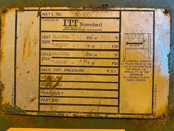 Used (3) ITT STANDARD PF60 S/S PLATE TYPE HEAT EXCHANGERS