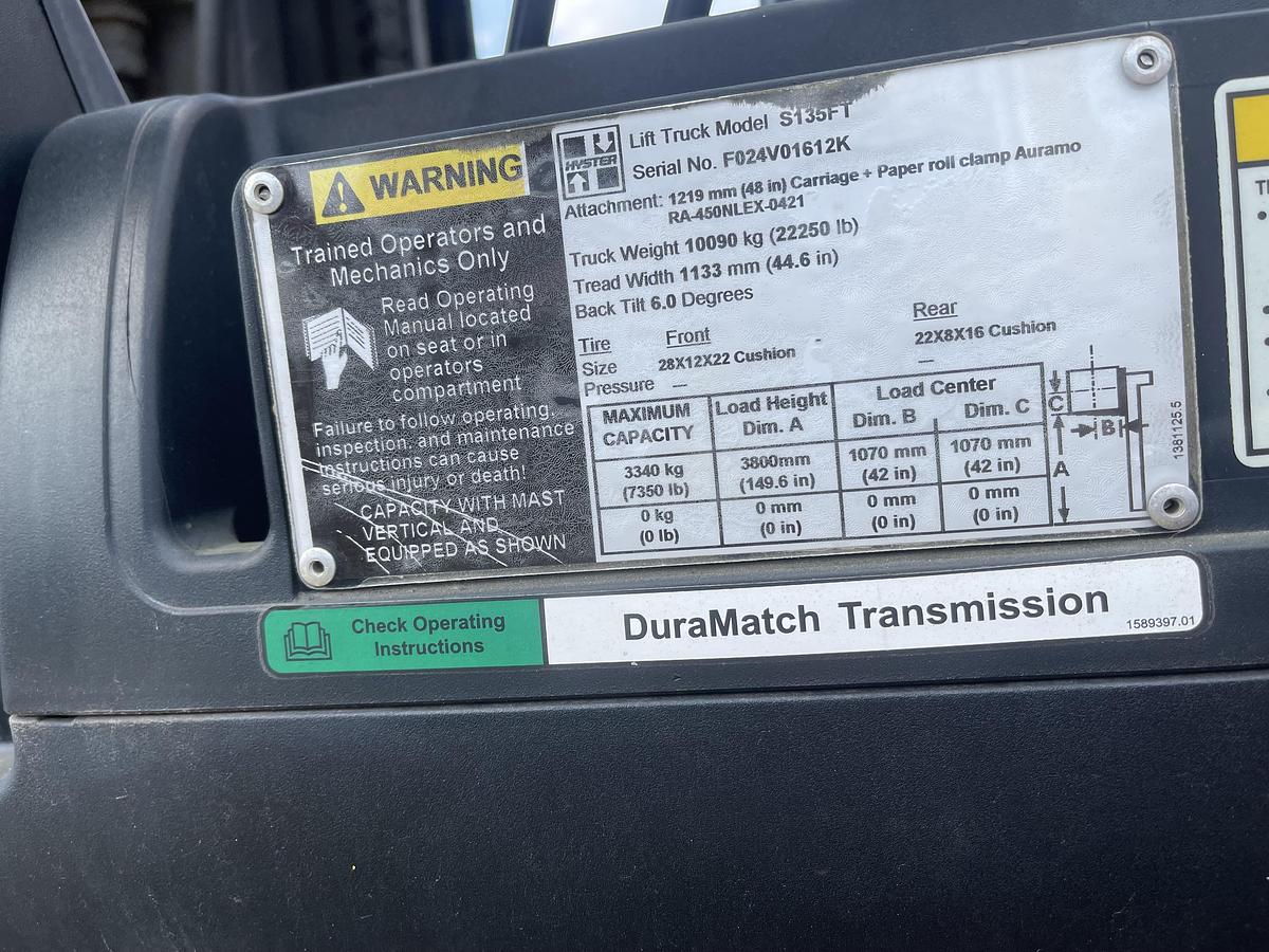 Used 13,500 POUND HYSTER MODEL S135FT FOUR WAY VALVE WITH 5,000 HOURS