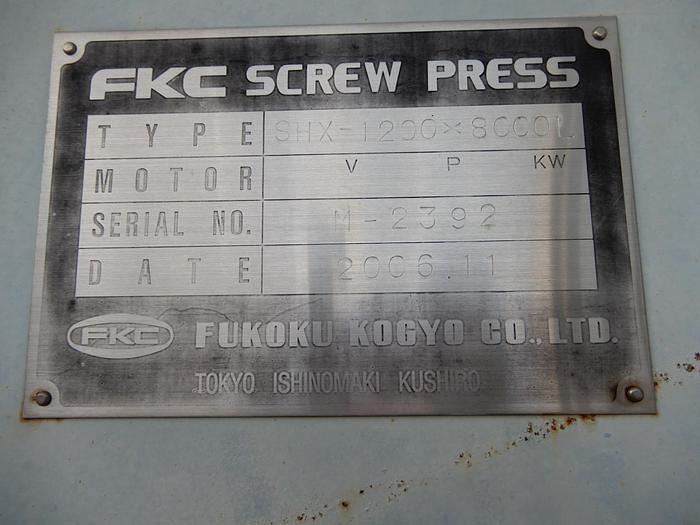 Used FKC SCREW PRESS STAINLESS STEEL MODEL SHX-1200 X 8000L MFG. 2006 PENDING JA 10/30/24