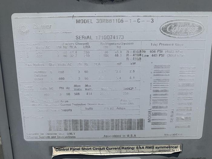 Used CARRIER CHILLER MODEL 30RBB1106-1-C-3