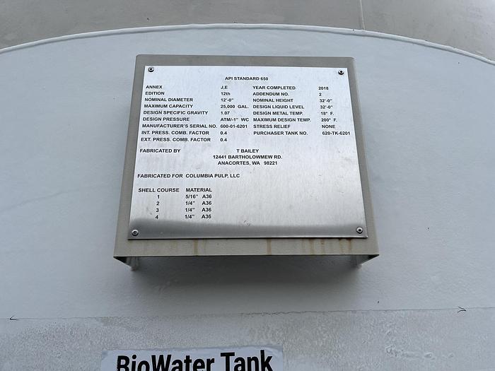 Used 25,500 GALLON T BAILEY A36 STEEL TANK 32' TALL 12' DIAMETER MANUFACTURED 2018