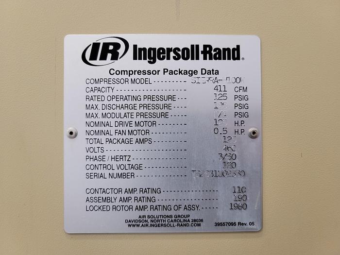 Used 125 HP INGERSOLL-RAND OIL-FREE ROTARY SCRW AIR COMPRESSOR