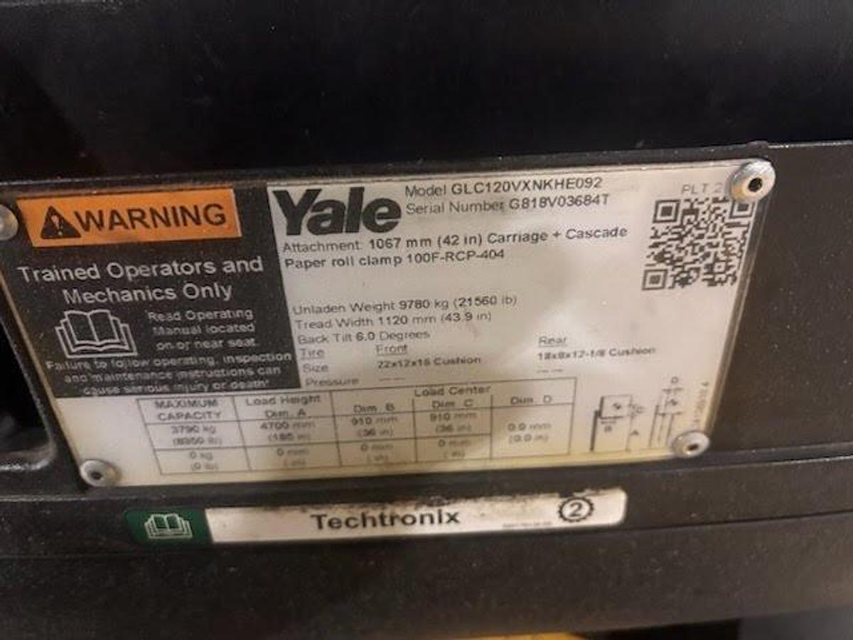 Used 12,000 LB. YALE MDL GLC120VX LH92"/RH185" WITH 72" CASCADE PAPER ROLL CLAMP MANUFACTURED 2019