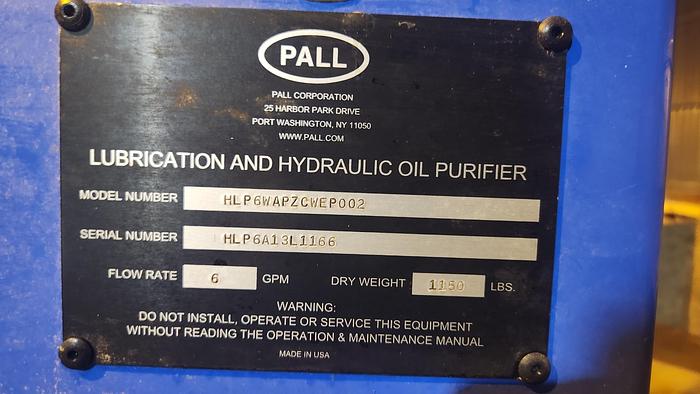 Used PALL LUBRICATION AND HYDRAULIC OIL PURIFIER